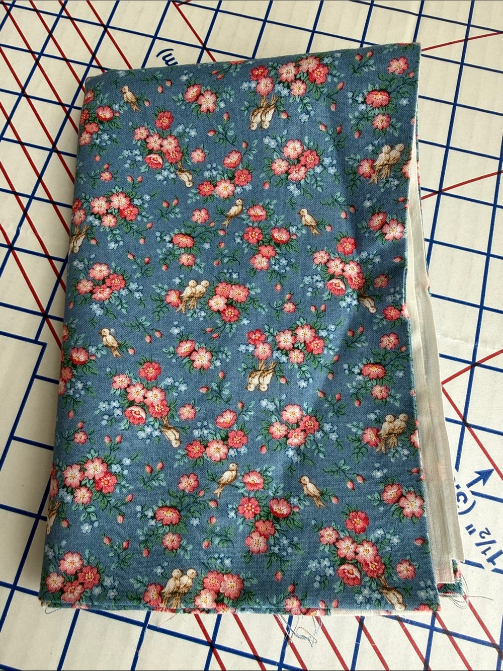 Vintage Cranston VIP Fabric Blue Floral Birds Cotton 3/4+ Yard x 42